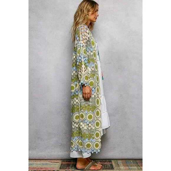 POL Scalloped Edge Open Front Crochet Cardigan with Colorful Stripe Pattern - Picture 3 of 5